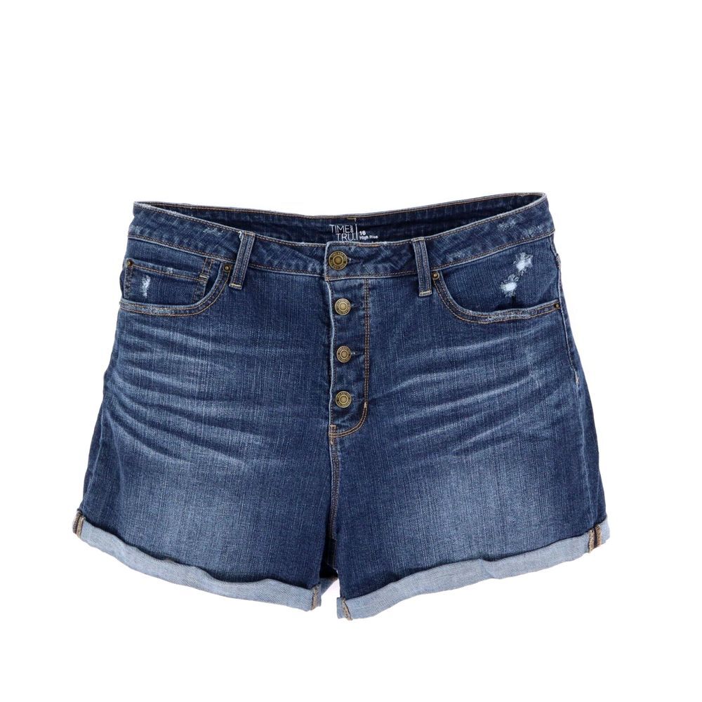 Time And Tru Jean Shorts Cuffed Button Fly Womens 16 Blue Faded Distressed Denim